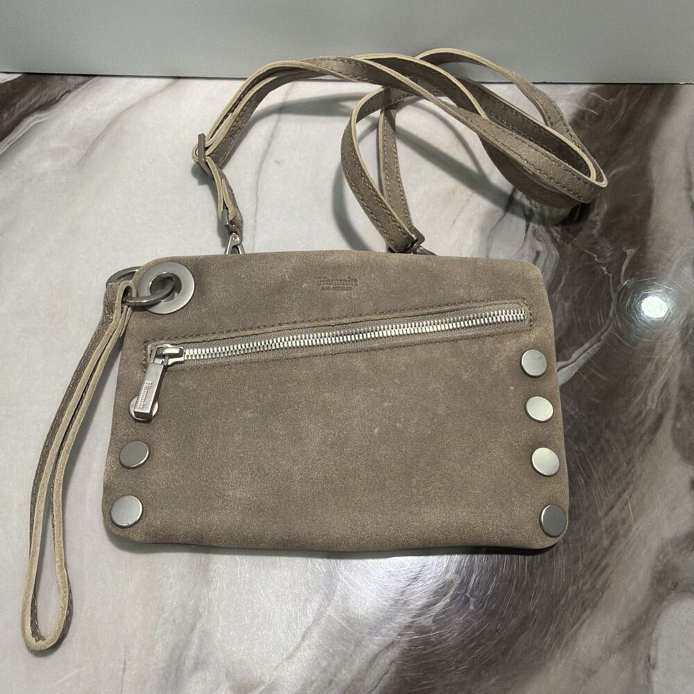 Hammitt Nash Small Crossbody Bag Pewter Leather Clutch Wristlet Gray Silver